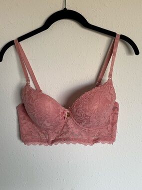 Daisy Fuentes Rose Pink Lace Longline Push-Up Bra